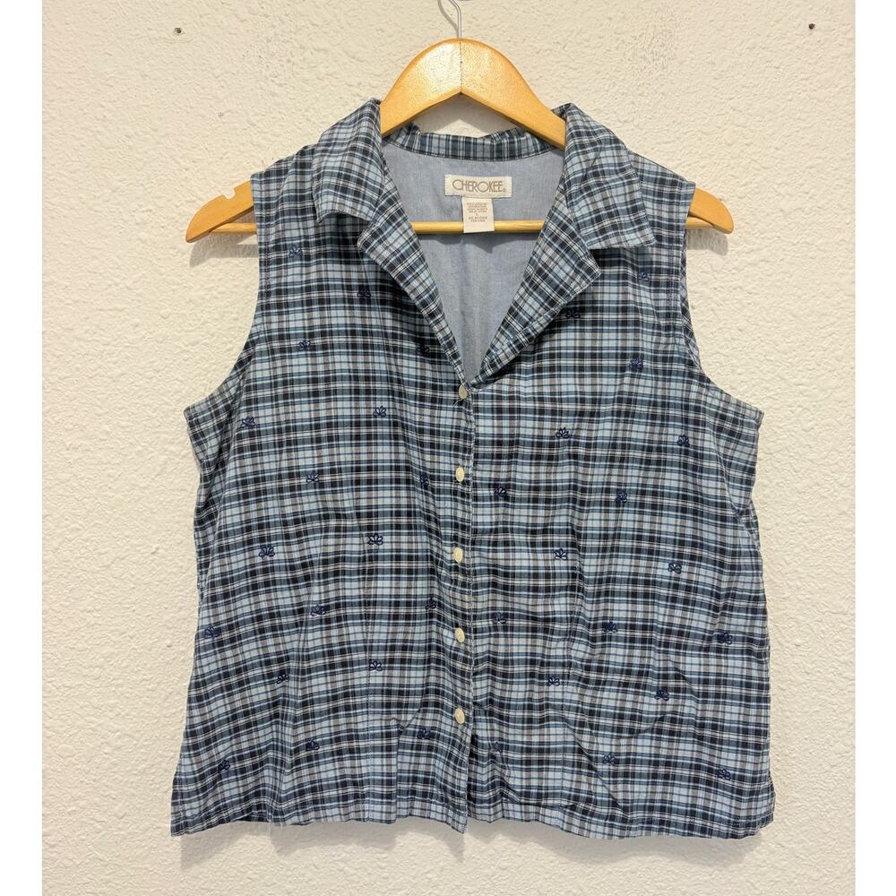 Vintage 90s Plaid Button Down Tank Top Blouse Floral Embroidered Cottage Prairie